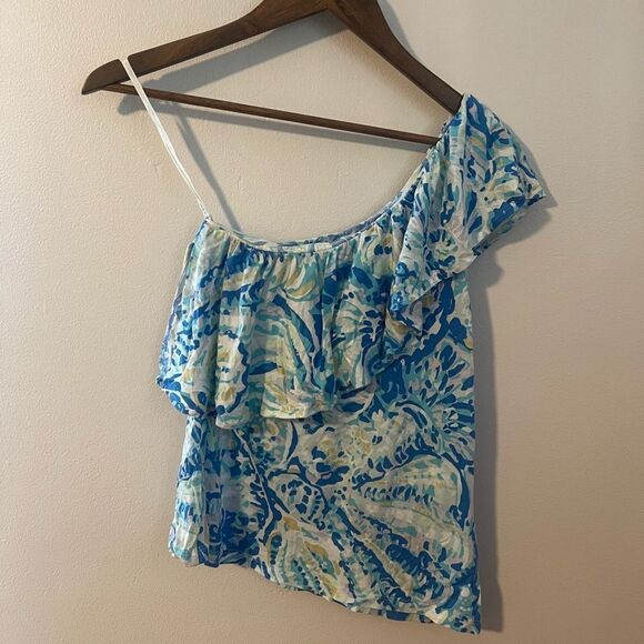 Lilly Pulitzer Matteo One Shoulder Top in Bennet Blue Salty Seas - Picture 2 of 7